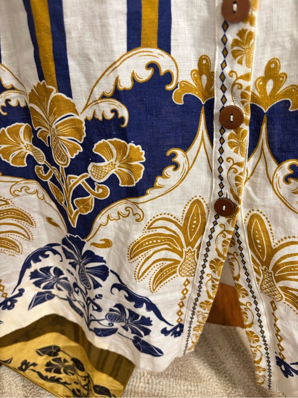 Farm Rio Pineapple Linen Midi Dress Blue Gold Embroidered Puff Sleeve Small NWT - Picture 10 of 14